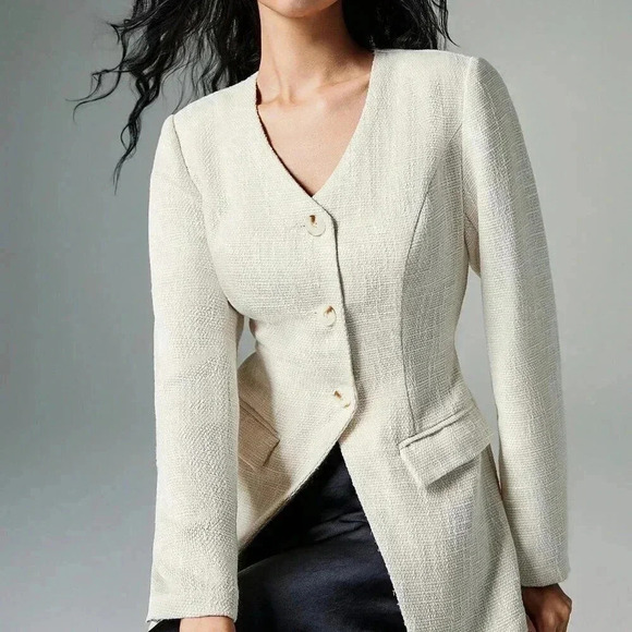 Apricot Elegant Women's Tweed Blazer With Wide Shoulders - Picture 4 of 6